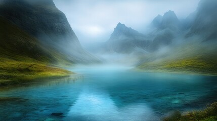 Fototapeta premium Serene Misty Morning Over Tranquil Lake