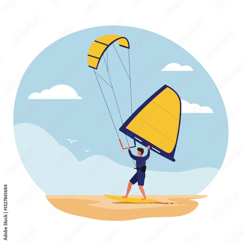 Poster kitesurfer in action with vibrant colors and dynamic shapes in flat vector art