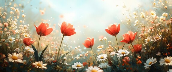 Fototapeta premium Colorful Floral Landscape with Red Tulips and White Daisies Under Soft Blue Sky, Basking in Gentle Sunlight, Evoking Peace and Serenity in Nature's Beauty