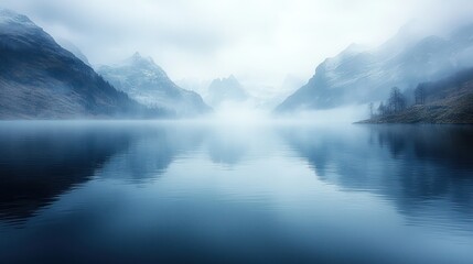 Misty lake reflecting mountains in serene landscape.