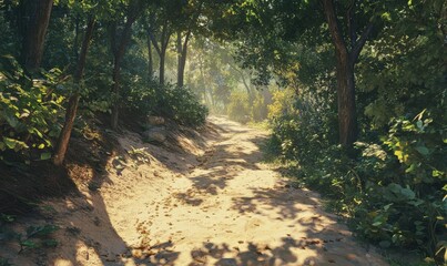 Enchanting forest shadows on a sandy trail, with golden light filtering through leaves, evoking peaceful solitude and natural wonder