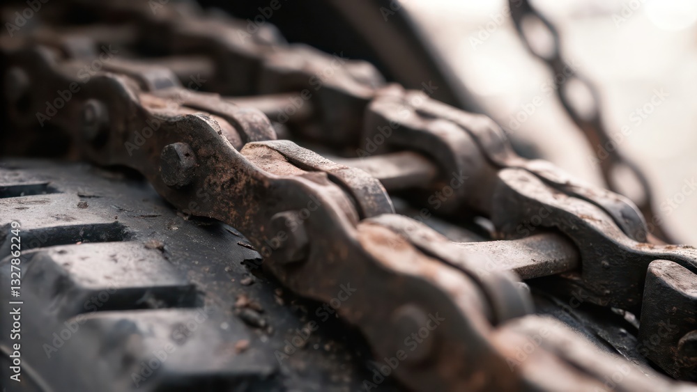 Poster a close-up shot of a rusty chain placed on a tyre, showcasing its texture and details. the chain has