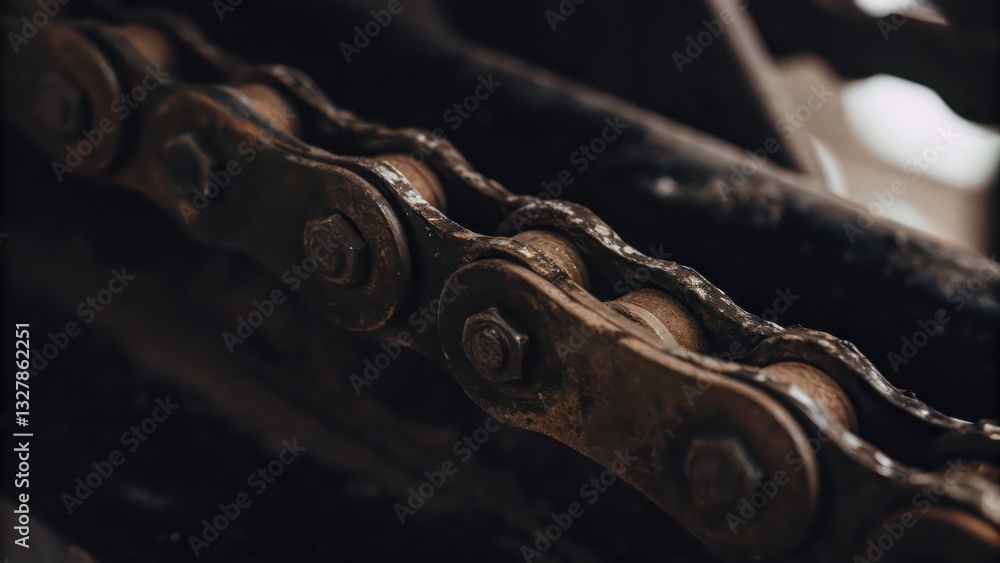 Poster a rusty chain with metal links. the image shows the detail of the chain, with visible rust and the m