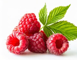 Fresh Ripe Raspberries with Leaf Isolated on White Background