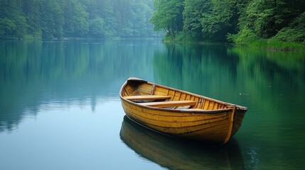 Serene wooden rowboat on calm lake surrounded by lush forest.