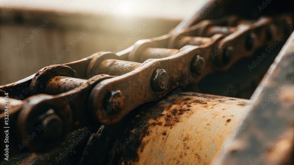 Poster a close-up view of a rusty chain and metal component. the chain is old and worn