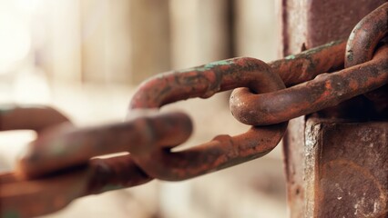 Naklejka premium a rusty chain links and iron post show the connection and age