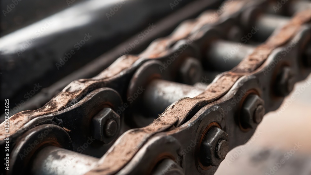 Poster a close-up shot of a rusty chain with a shallow depth of field