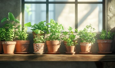 Neatly arranged houseplants in ceramic pots placed on a rustic wooden shelf, bright natural light streaming in through a nearby window, evoking freshness,