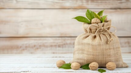 A burlap sack brims with fresh walnuts, surrounded by vibrant green leaves, perfect for a rustic kitchen aesthetic.