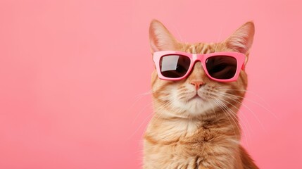 Adorable closeup of a funny cat in stylish shades on a pink backdrop, perfect for a playful touch to any space.