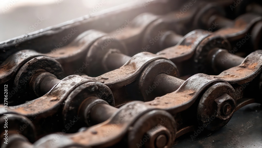 Poster a close-up of an old rusty metal chain, showing intricate details and texture. the chain links are c