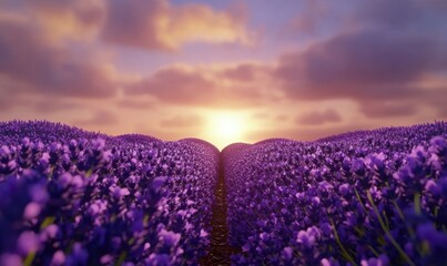 Fototapeta premium Peaceful lavender field at sunset, with rows of vibrant purple flowers stretching into the horizon. Soft light enhances the serene landscape,