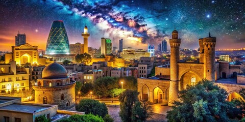 Fototapeta premium Icheri Sheher, Baku, Azerbaijan: Nighttime Cityscape, Ancient Walls, Illuminated Buildings