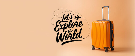 Orange suitcase on peach background with "Let's Explore the World" text, representing travel, adventure, and exploration, perfect for travel agencies or blogs