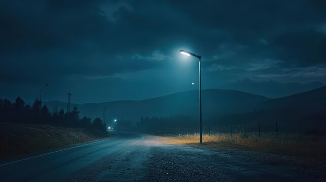 A lone street lamp illuminates a dark road at night time