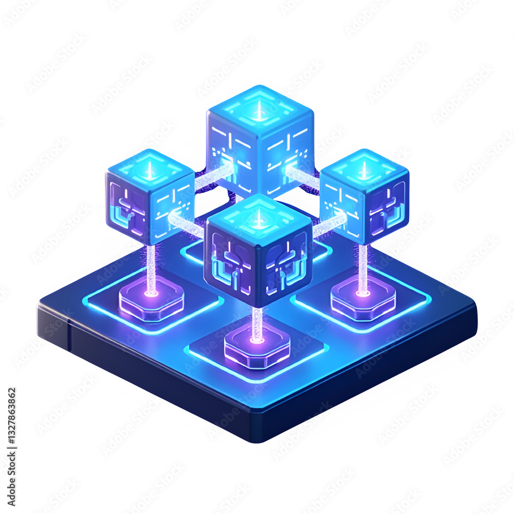 Poster futuristic 3d illustration of blockchain technology with interconnected glowing cubes. perfect for c