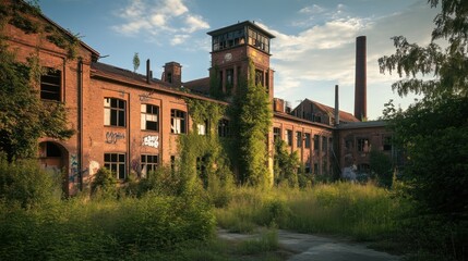 Decaying industrial landscape, Brick building overtaken by nature and time