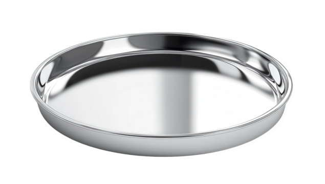a shiny round metal tray with a smooth surface ideal for serving food or drinks showcasing a reflective finish that adds elegance to any presentation