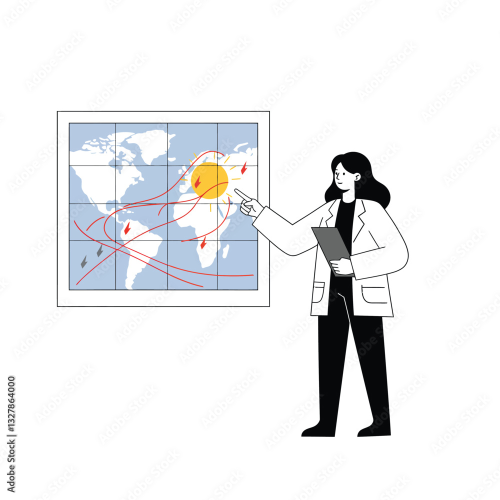 Poster scientist presenting data on weather patterns in flat design vector art