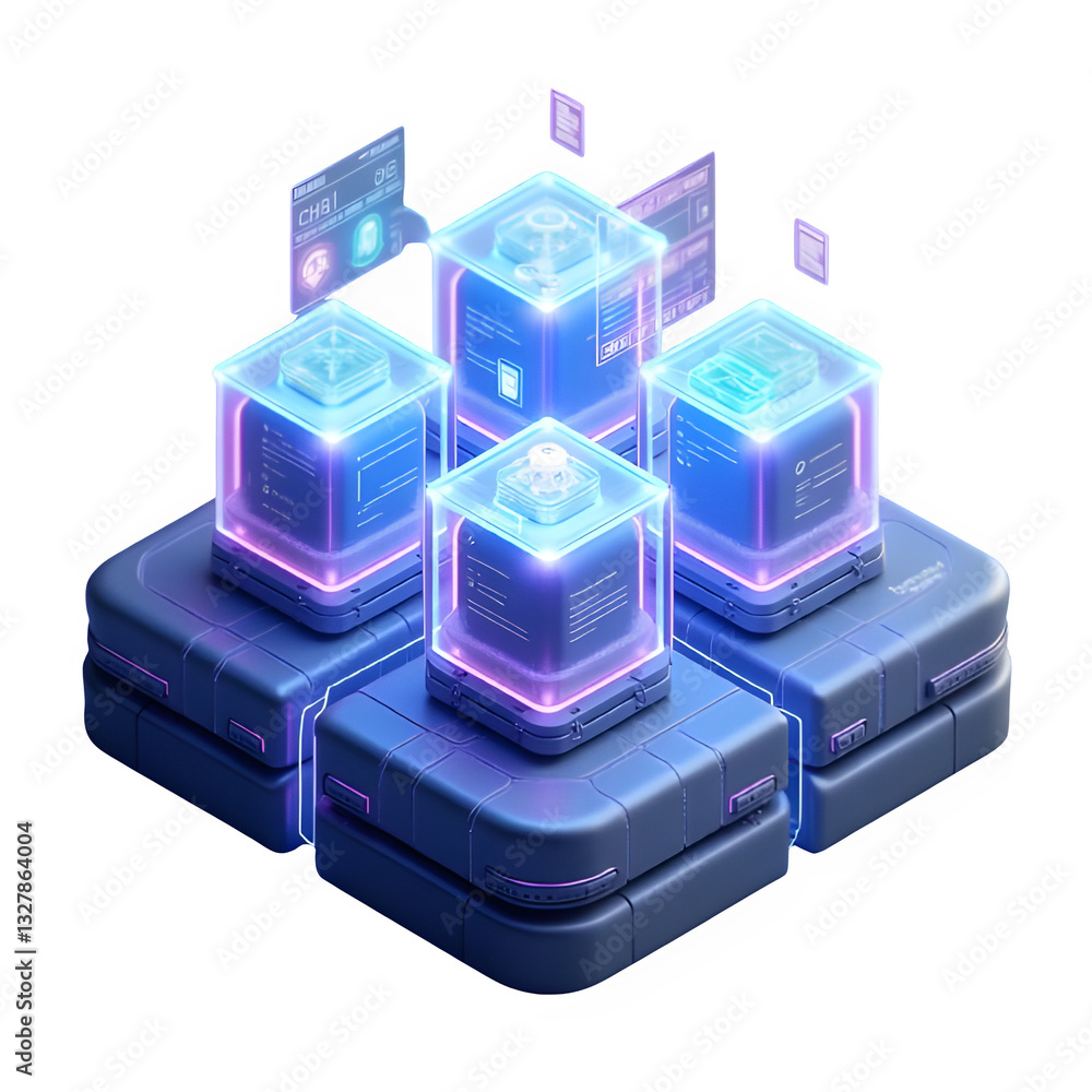 Aufkleber futuristic 3d illustration of blockchain technology with interconnected glowing cubes. perfect for c