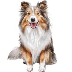a cheerful fluffy dog with a tri-color coat sits happily showcasing its friendly demeanor and playful spirit the illustration captures the essence of companionship and joy in pets