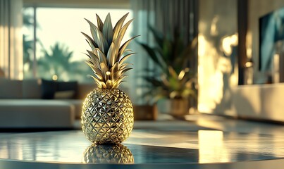 A gold pineapple ornament decorates an interior living room setting