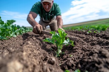 The image depicts a gardener deeply focused on nurturing a young plant, showcasing the essential work of growing food and the importance of agriculture to society.