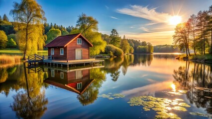 Obraz premium Idyllic Swedish Lake House: Tullgarn Park Boat House with Stunning View