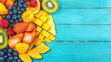  A diverse collection of juicy fruits artfully displayed on a blue wooden backdrop with blank space for added text or imagery