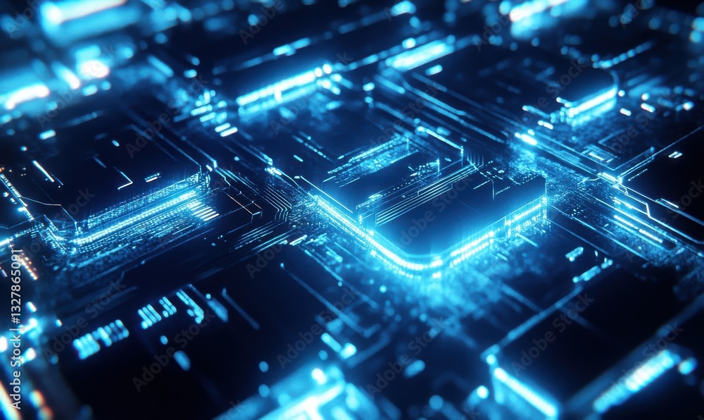 Poster blue glowing circuit board with interconnected electronic components and pathways.