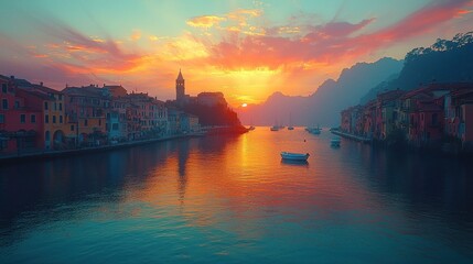 Naklejka premium Vibrant sunset over colorful waterfront town.
