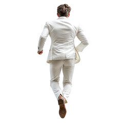 Naklejka premium a man in a white suit is seen from behind running away against a plain white background suggesting movement and urgency