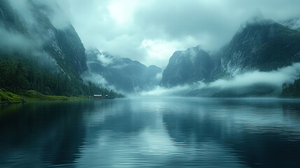 Fototapeta premium Misty fjord landscape with calm water reflecting mountains and clouds. (1)