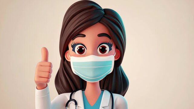 Cute doctor cartoon woman in a face mask gives a thumbs up. Bright and cheerful illustration for health themes.