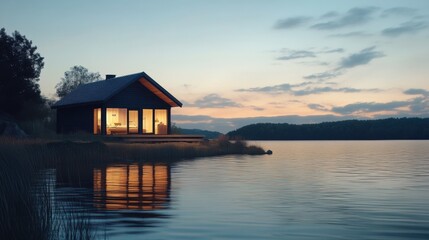 Obraz premium Tranquil Lake at Dusk with Charming Rustic Cabin