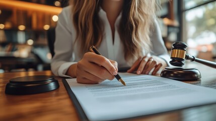 Individual reviewing legal documents while holding a pen in a professional setting with a gavel nearby