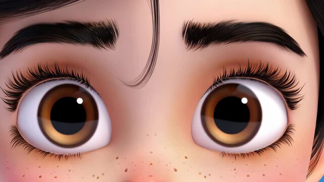 Closeup of a cute girl with big brown eyes and freckles, showcasing her beautiful skin and long eyelashes in a vibrant style.