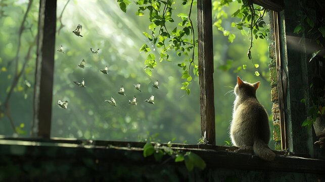   A cat sat on a window sill, observing butterflies flying overhead