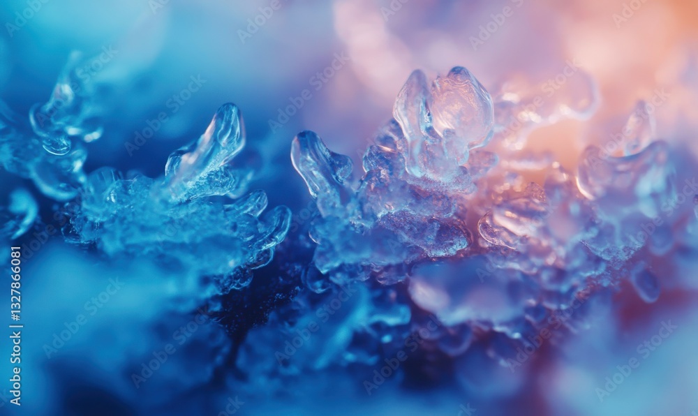 Poster abstract macro shot of intricate frost patterns on a glass surface, delicate icy textures glowing un