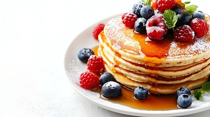 Delicious pancakes with berries and sweet syrup