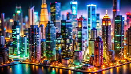 Obraz premium Illuminated Miniature Cityscape: Modern Architecture & Vibrant Colors