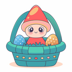 Playful elf collecting colorful eggs in a basket whimsical scene illustrated art cheerful environment close-up view