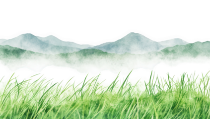 a serene watercolor landscape depicting gentle green grass in the foreground and soft misty mountains in the background evoking a sense of tranquility and natural beauty