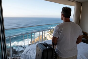 Fototapeta premium A thoughtful traveler stands in a hotel room gazing at the ocean, encapsulating the longing for adventure and the solace of nature’s beauty in a moment of peace.