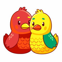 Colorful cartoon birds cuddling together whimsical setting digital art cheerful atmosphere playful perspective