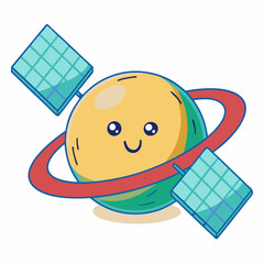 Satellites orbiting a happy planet space digital art cosmic environment whimsical viewpoint sustainable technology concept