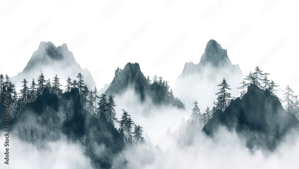 Poster a serene landscape featuring misty mountains and tall trees evoking a sense of tranquility and conne