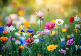 Colorful wildflower meadow in full bloom during sunny day with vibrant petals and natural light creating a serene and relaxing atmosphere in spring season