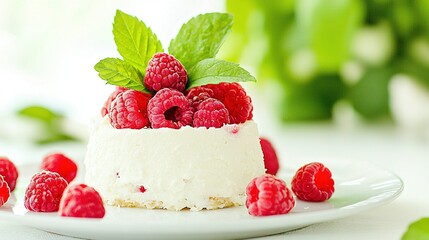   A slice of cake topped with fresh raspberries on a white plate with lush green foliage